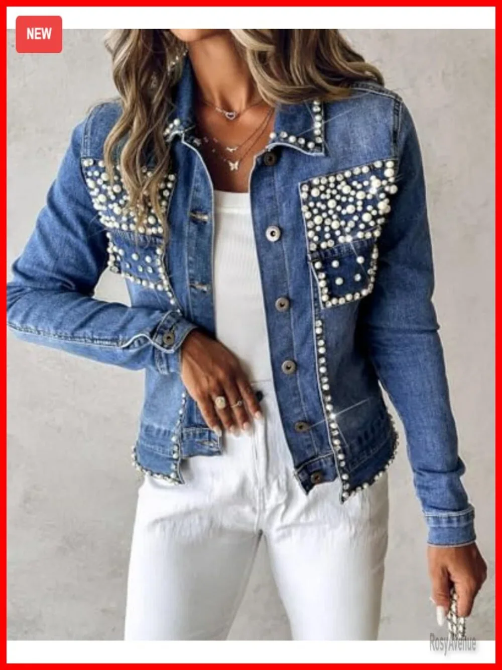 Pearls Denim Jacket Cropped Rhinestones Jean Blazer Coat